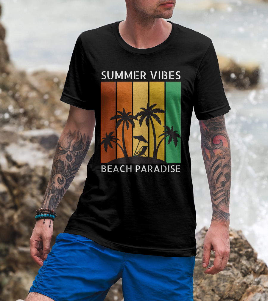 SUMMER VIBES BEACH PARADISE Palm Trees And Lounge Chair On Sunset Stripes T-Shirt