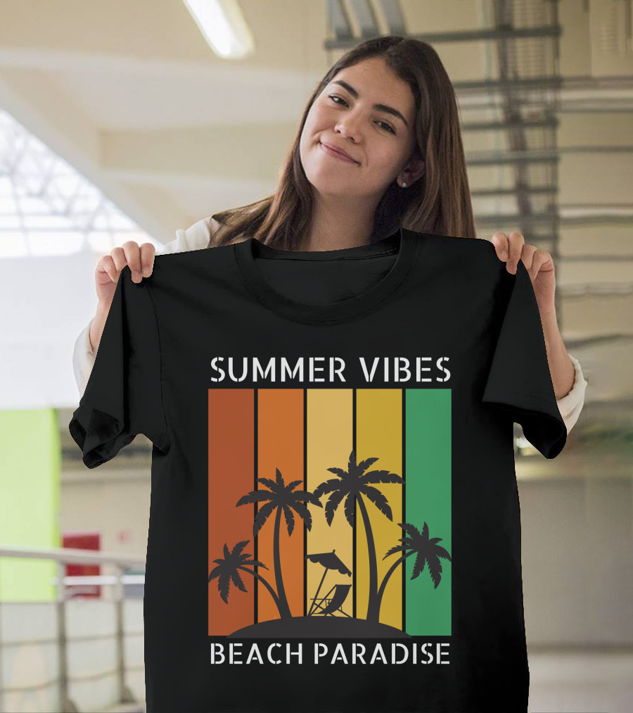 SUMMER VIBES BEACH PARADISE Palm Trees And Lounge Chair On Sunset Stripes T-Shirt