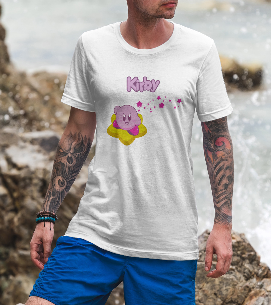 Kirby On Star With Pink Sparkling Stars Trail T-Shirt