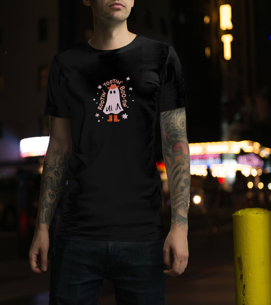 Rootin Tootin Boo Tin Ghost With Cowboy Hat And Boots Surrounded By Stars T-Shirt