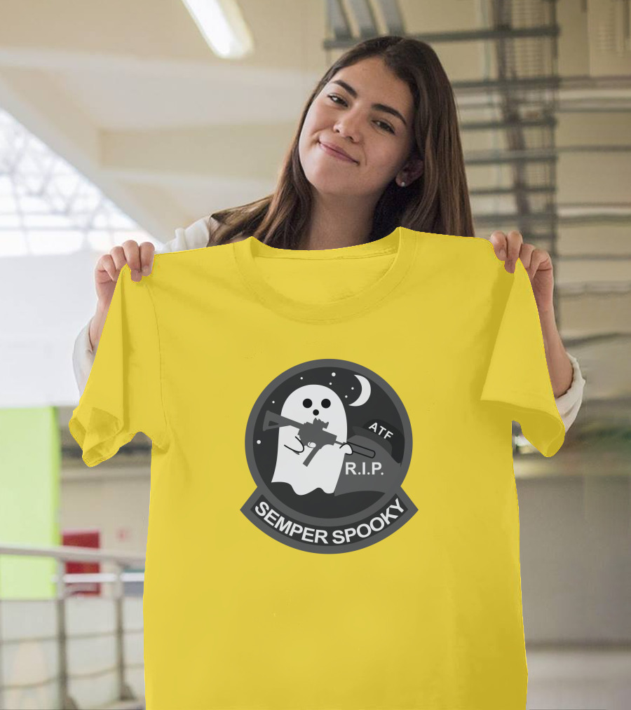 Semper Spooky Ghost with ATF Rifle and RIP Moon Badge T-Shirt
