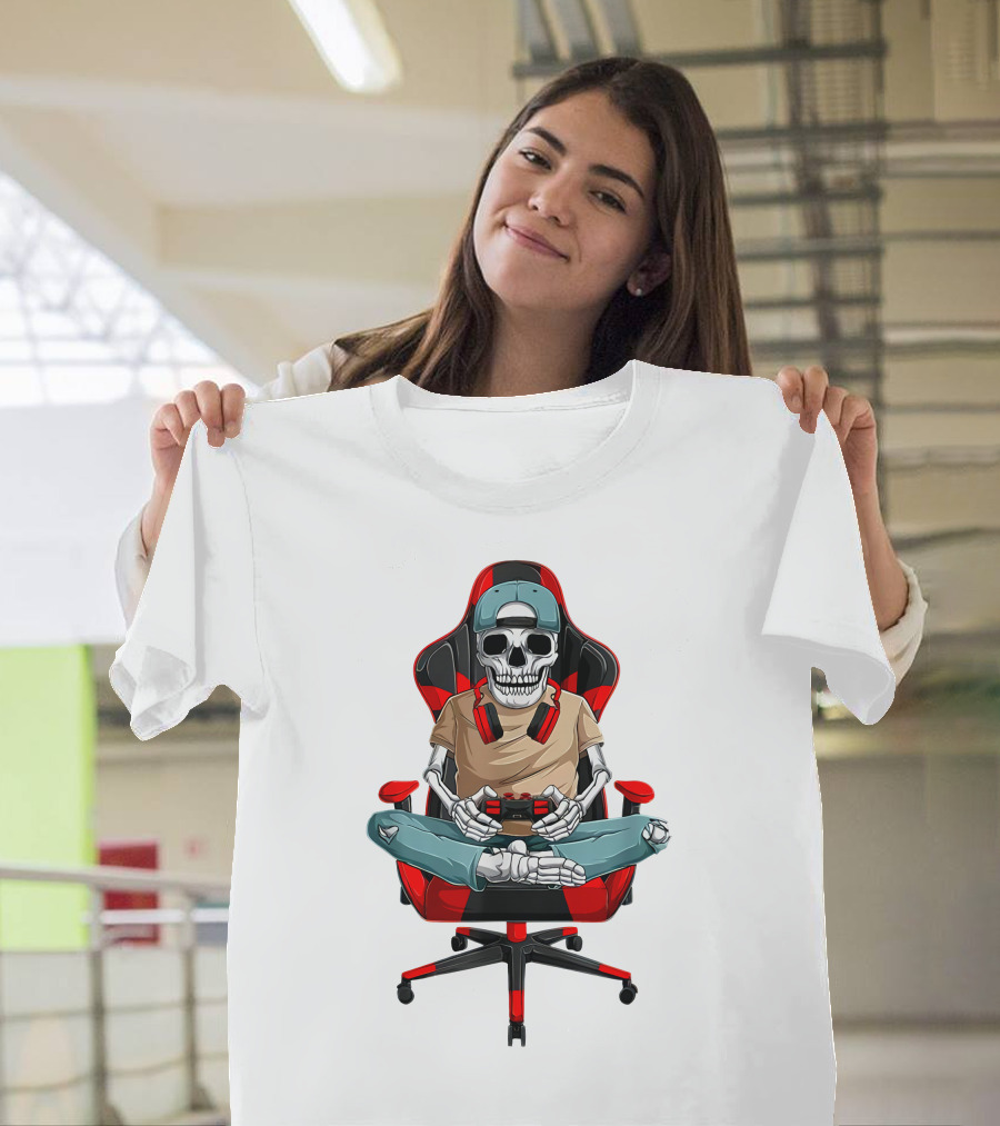 Skeleton Gamer In Cool Chair With Headphones And Controller T-Shirt