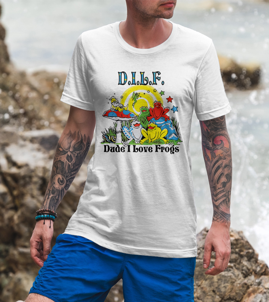 D.I.L.F. Dude I Love Frogs Colorful Frog Scene With Stars And Mushrooms T-Shirt