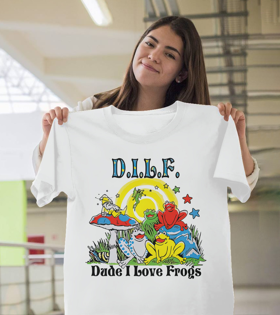 D.I.L.F. Dude I Love Frogs Colorful Frog Scene with Stars and Mushrooms T-Shirt