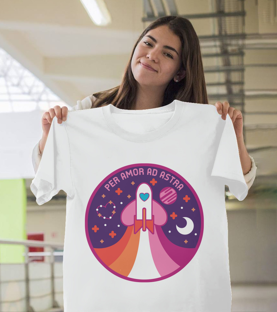 Per Amor Ad Astra Space Pride Lesbian Flag Rocket Heart Planet Moon T-Shirt
