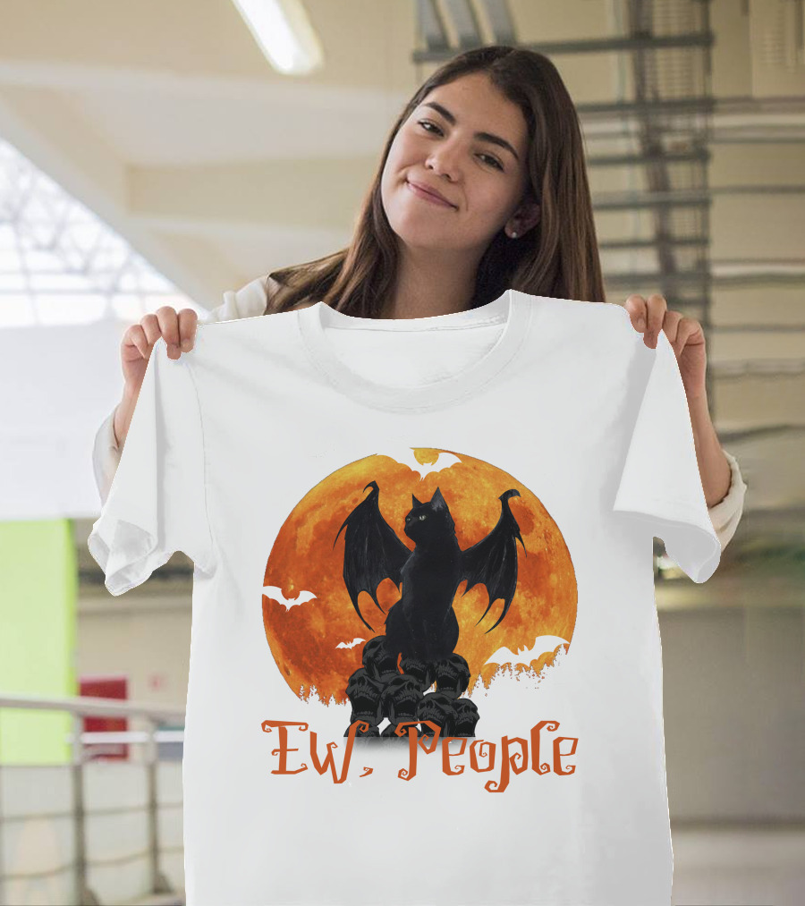 Ew People Black Cat With Bat Wings Halloween Orange Moon T-Shirt