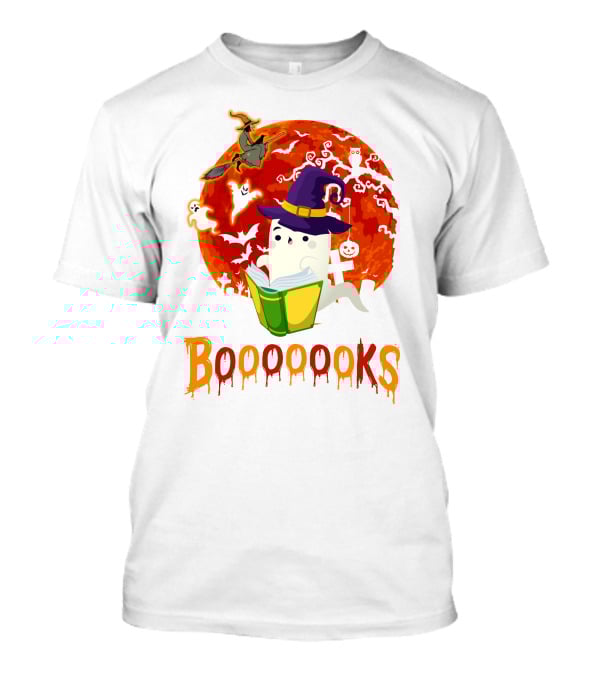 BOOOOOOKS Ghost Reading Witch Hat Halloween Scene T-Shirt