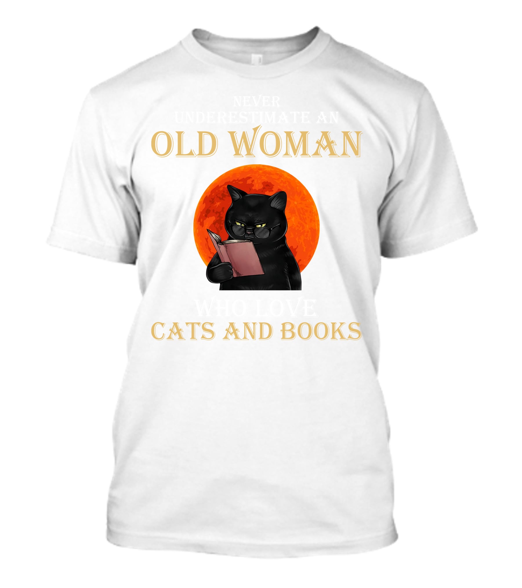 Old Woman Cats And Books Black Cat Reading Orange Moon T-Shirt