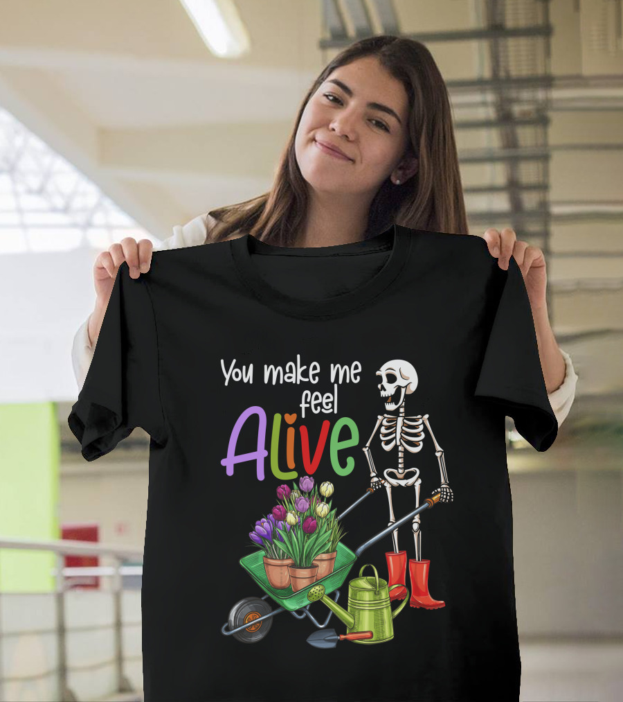 Alive Gardening Farmer Skeleton with Tulips and Watering Can T-Shirt