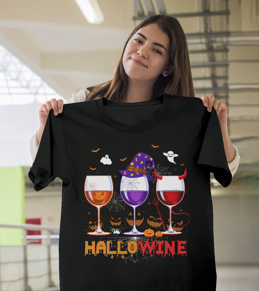 Haloween Hallowine Witch Hat Devil Horns Jack-O'-Lanterns Wine Glasses T-Shirt