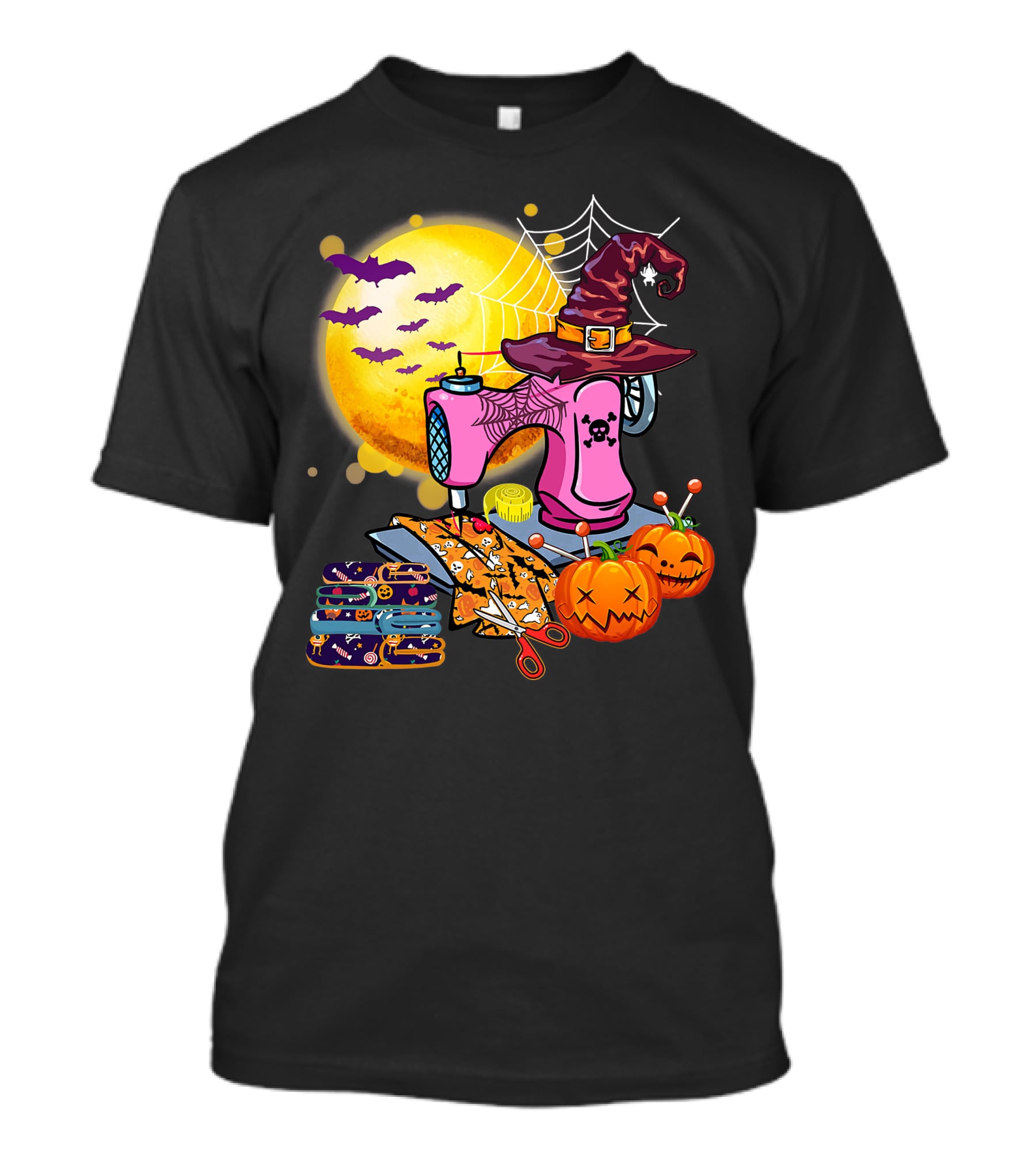 Sewing Machine Witch Hat Halloween Pumpkins Bats Moon T-Shirt