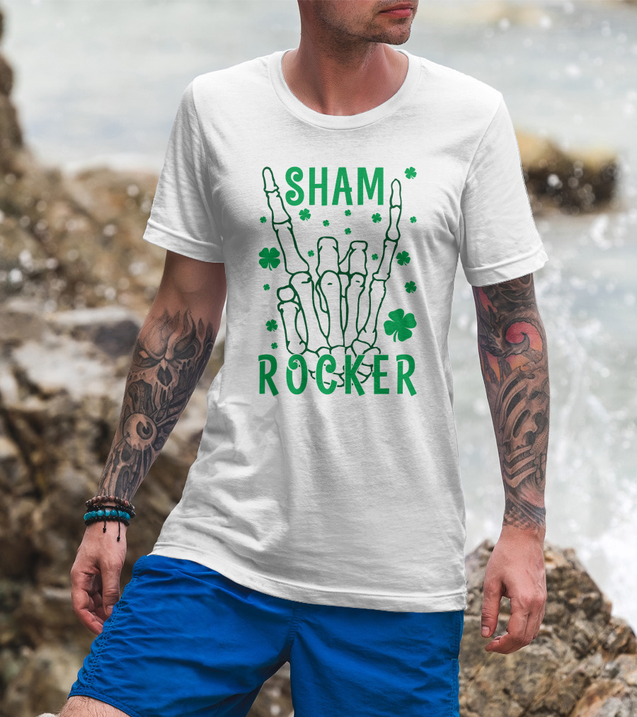 SHAM ROCKER Skeleton Hand With Shamrocks T-Shirt
