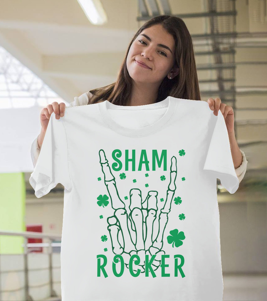 SHAM ROCKER Skeleton Hand With Shamrocks T-Shirt