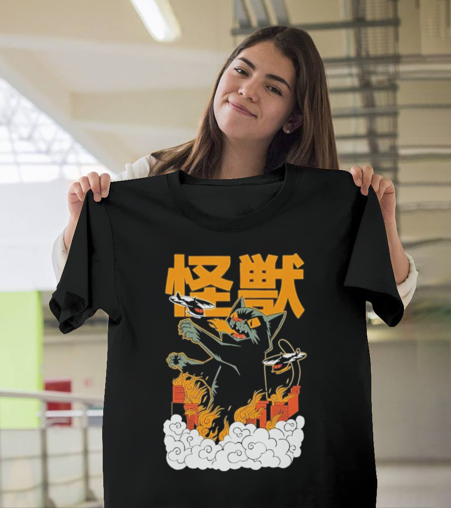 Kaiju No 8 Monster Cat Attack with Helicopters and Flames T-Shirt