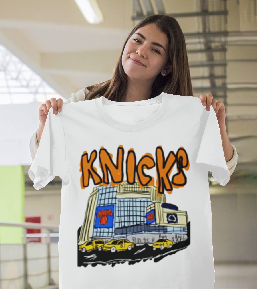 Knicks New York City Taxi Sketch With Arena Background T-Shirt