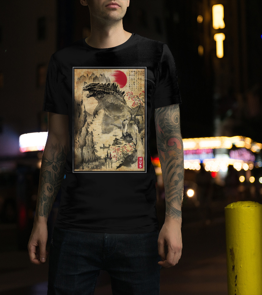 Gojira Japanese Woodblock Ukiyo-e Style With Red Sun And Cherry Blossoms T-Shirt