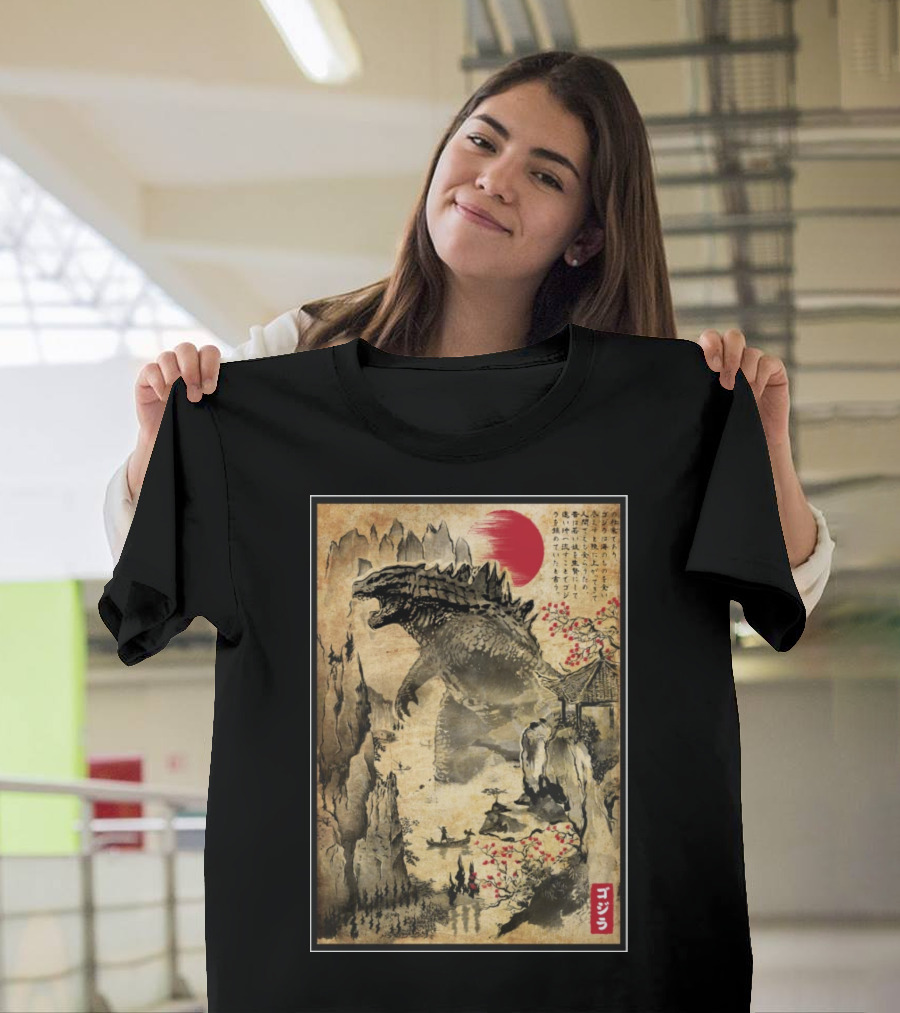 Gojira Japanese Woodblock Ukiyo-e Style with Red Sun and Cherry Blossoms T-Shirt