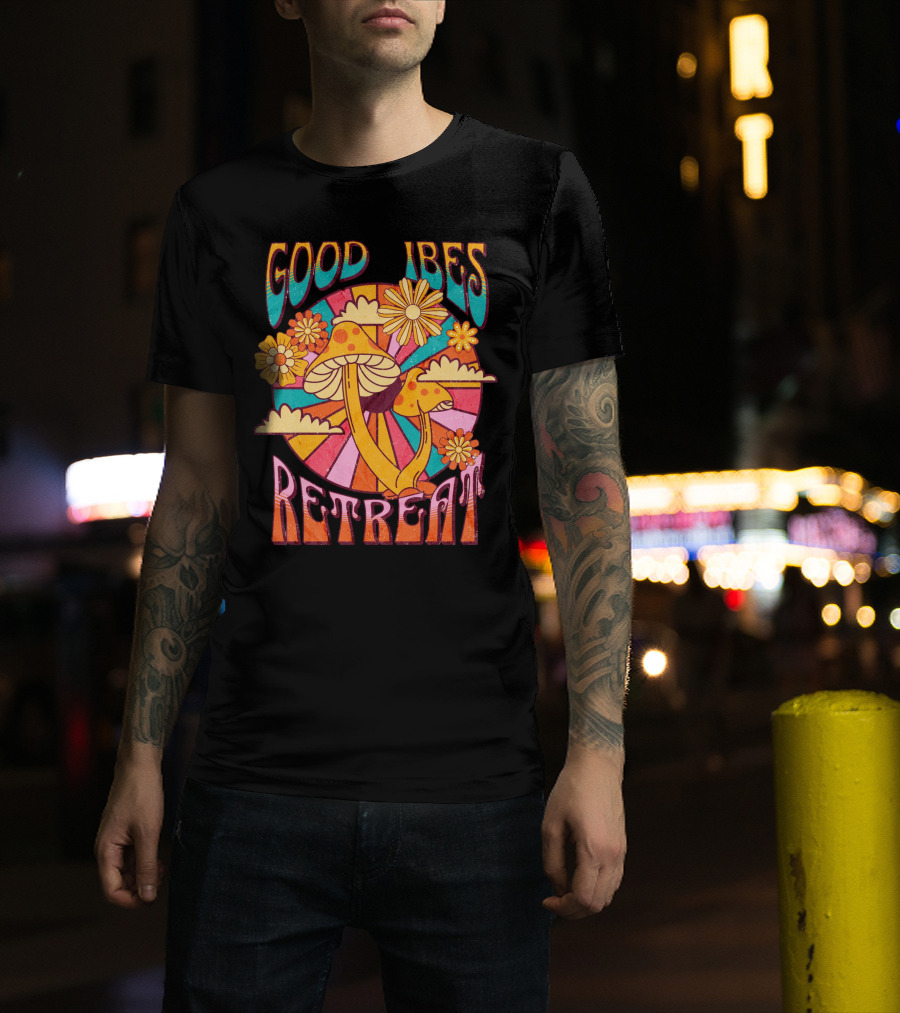 Good Vibes Retreat Mushroom Flowers Retro Psychedelic T-Shirt