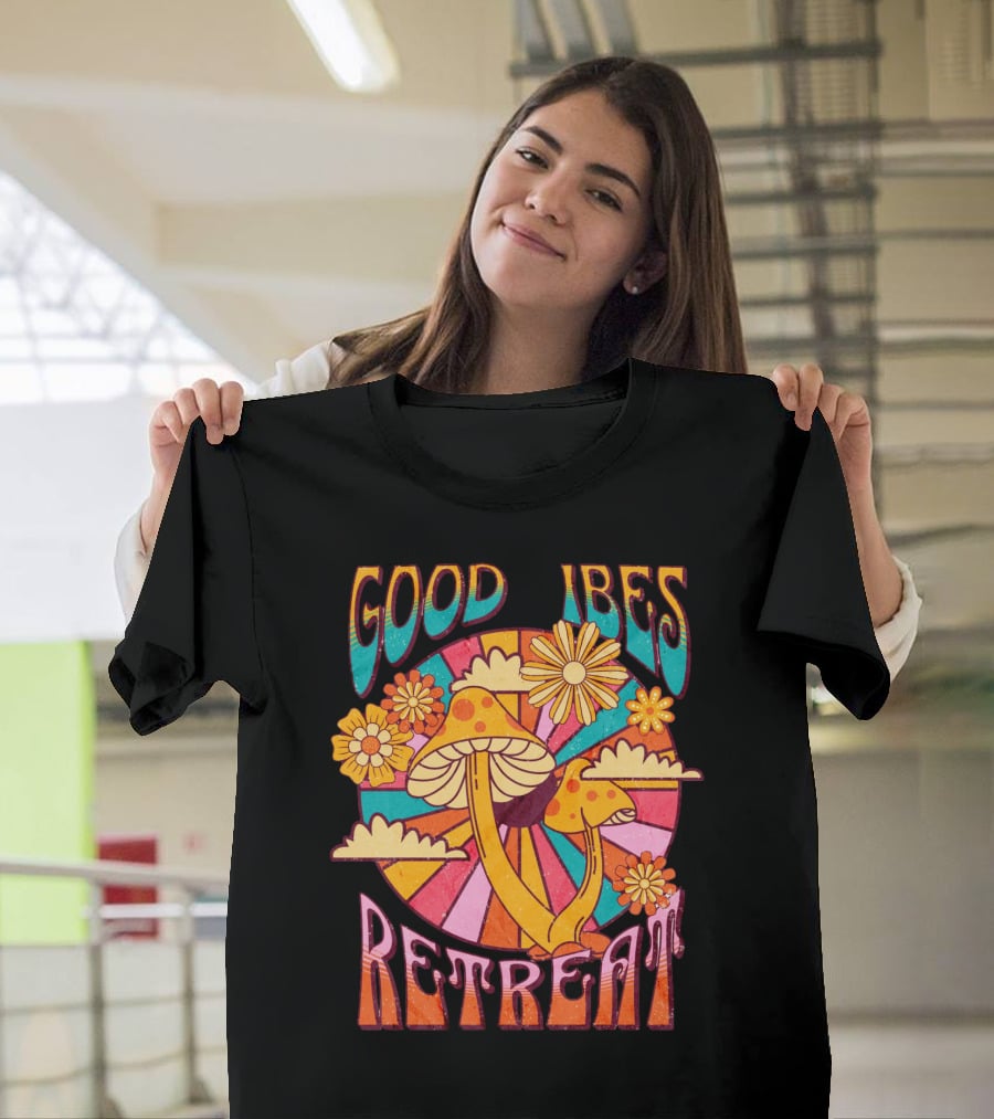 Good Vibes Retreat Mushroom Flowers Retro Psychedelic T-Shirt