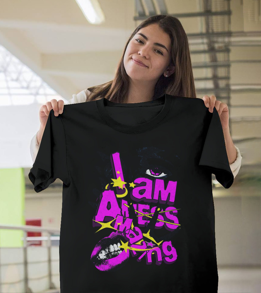 I Am Amazing Bold Eye And Lips Starburst Pink And Yellow T-Shirt