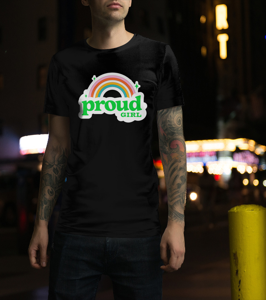 Proud Girl Green Text Rainbow With Sparkles T-Shirt
