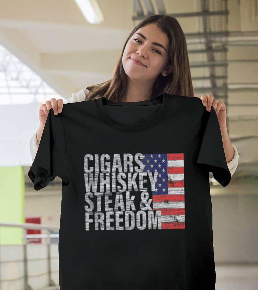 Cigars Whiskey Steak And Freedom American Flag Patriotic T-Shirt