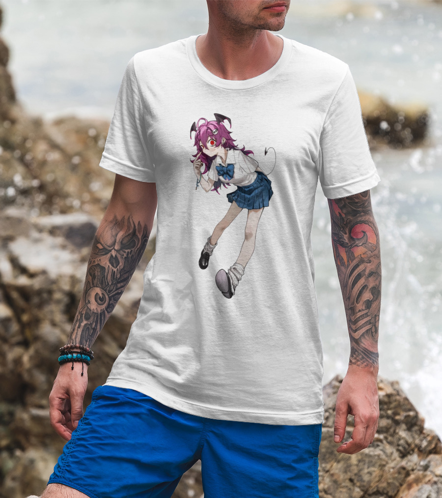 Devil Girl Anime School Uniform Purple Hair Horns Tail T-Shirt