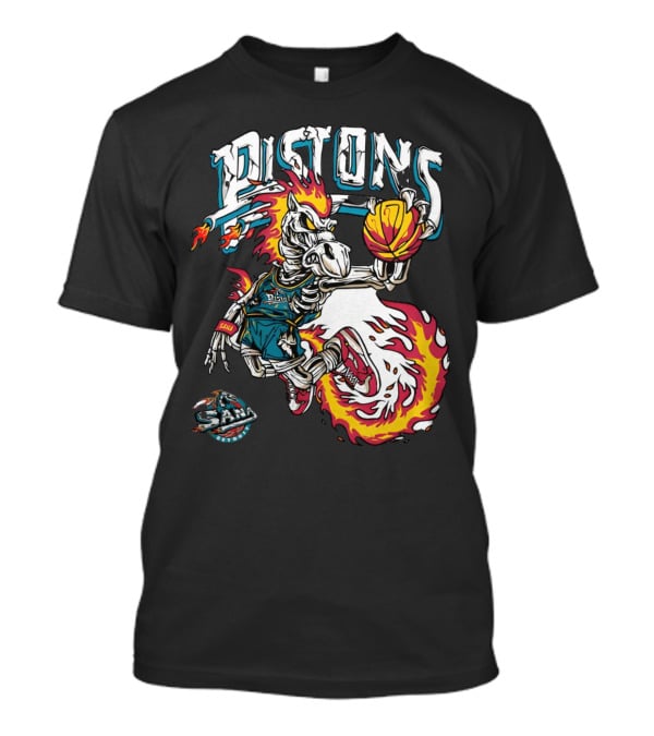Sana Detroit Pistons Fiery Skeleton Basketball Dunk Pop-Up T-Shirt