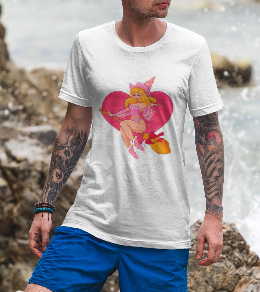 This Barbie Is A Witch Riding A Broomstick With Pink Heart Background T-Shirt