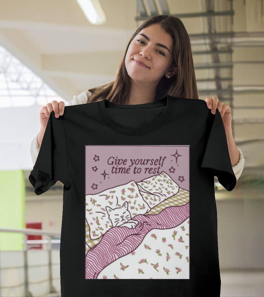 Give Yourself Time To Rest Cat Sleeping in Floral Bedding T-Shirt