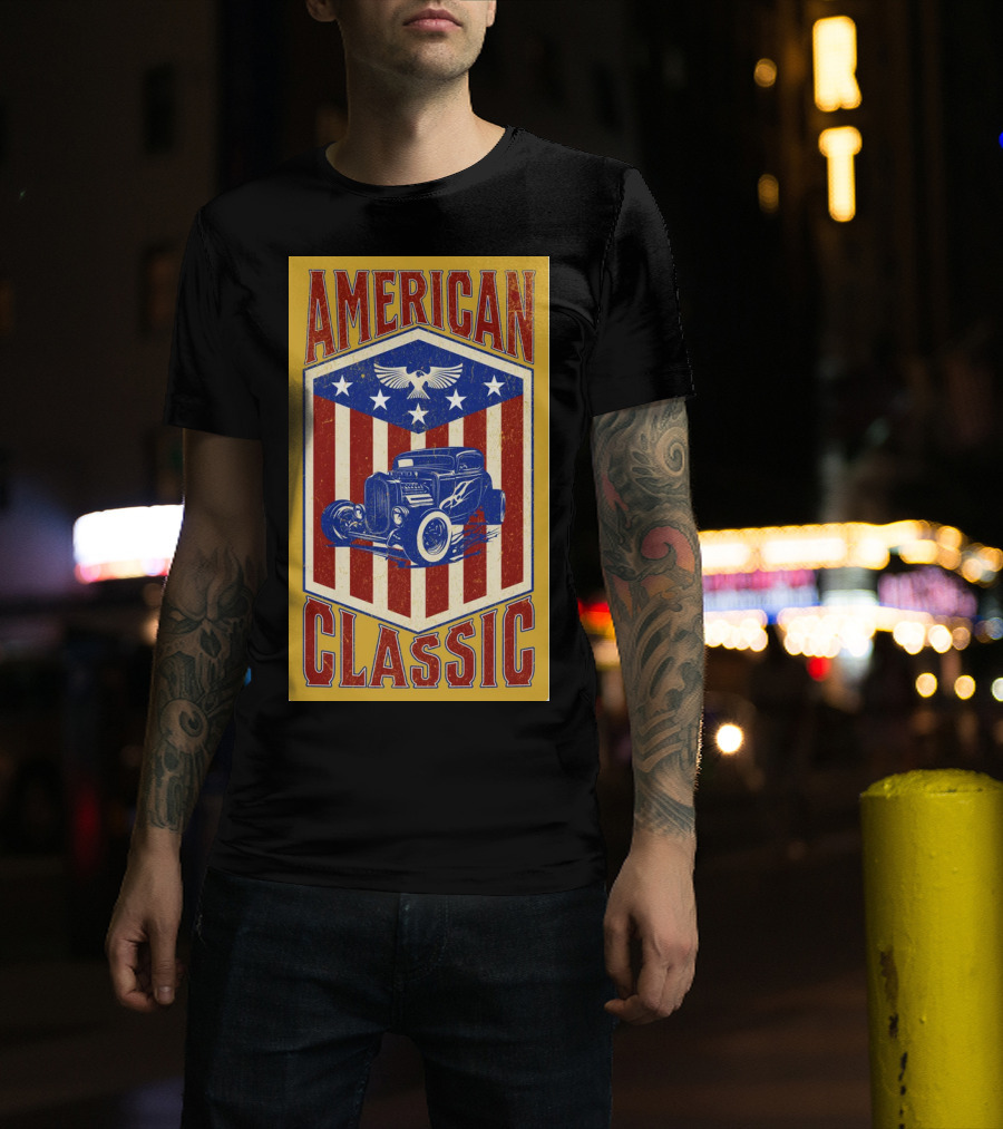 AMERICAN CLASSIC Hot Rod Eagle Stripes Stars Vintage Retro T-Shirt