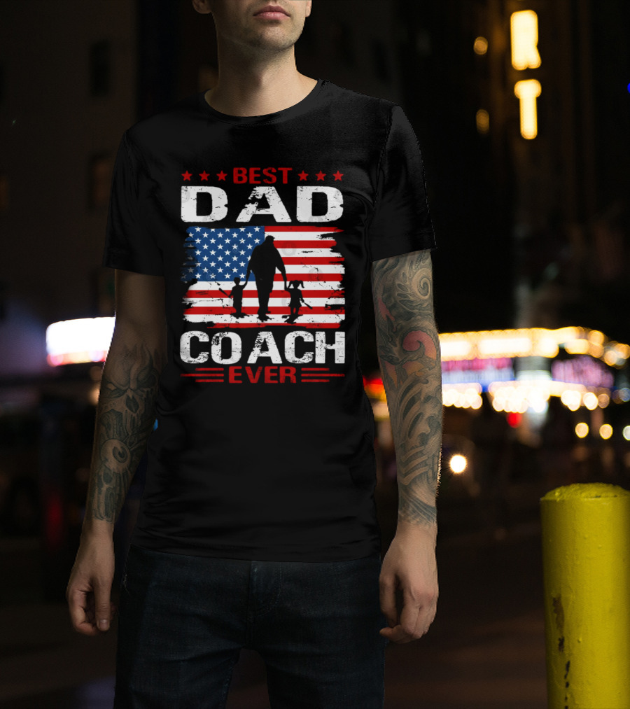 Best Dad Coach Ever USA Flag Baseball Dad Father's Day T-Shirt