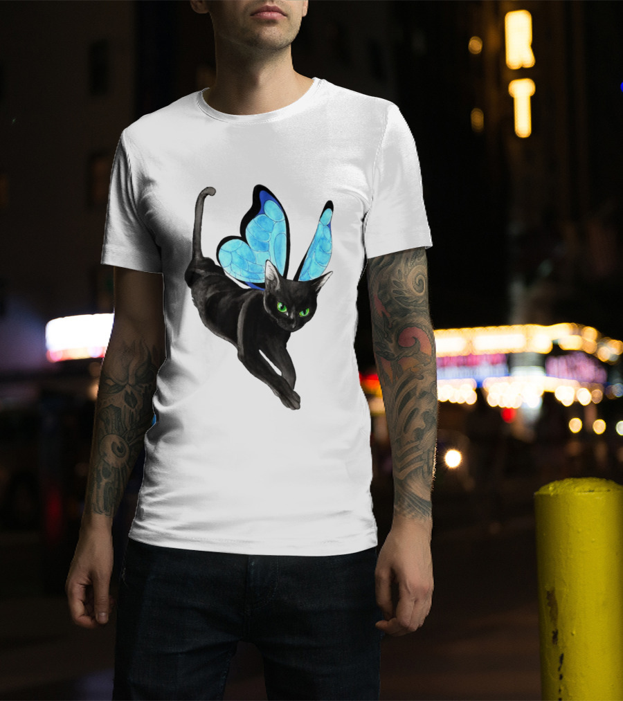 Black Cat With Blue Butterfly Wings T-Shirt