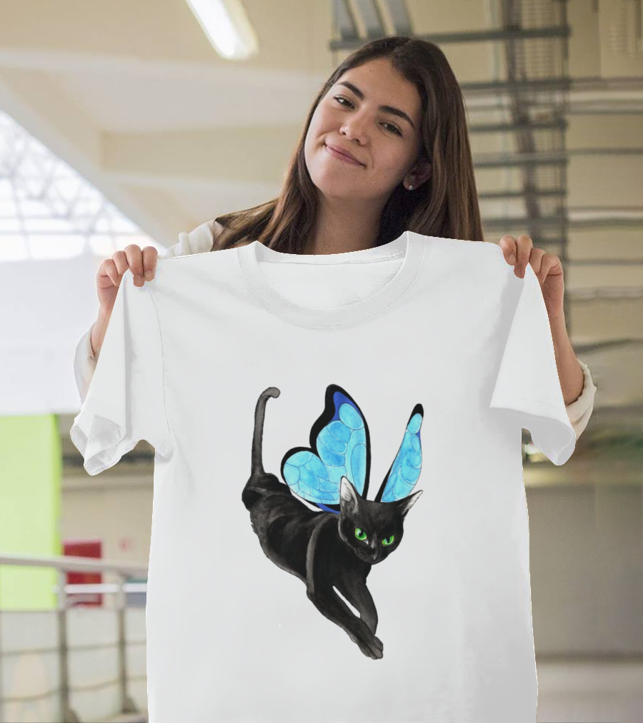 Black Cat With Blue Butterfly Wings T-Shirt