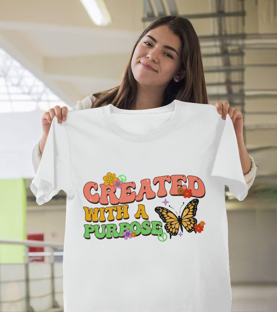 Created With A Purpose Butterfly Flowers Peace Sign T-Shirt