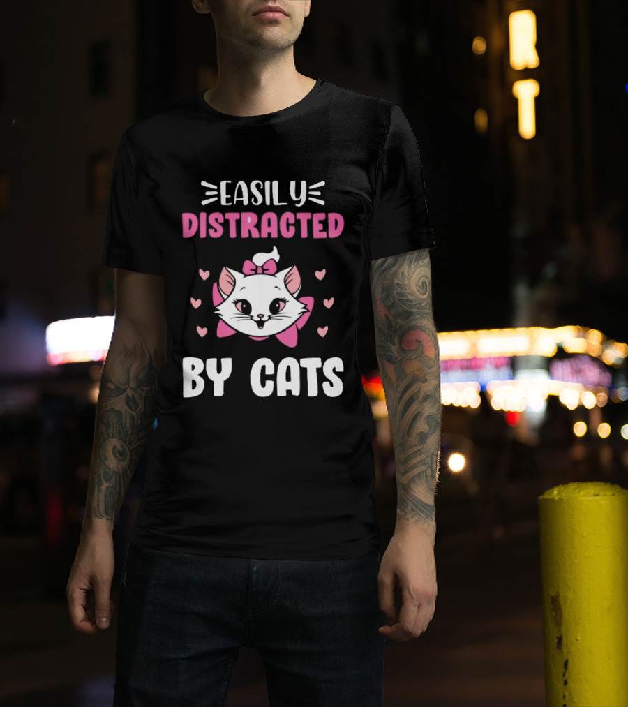 Easily Distracted By Cats Cute Kitten With Pink Bow And Hearts T-Shirt
