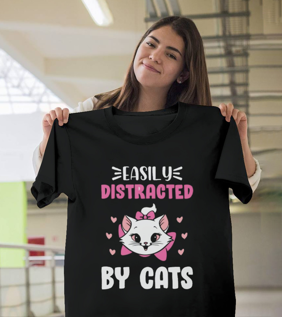 Easily Distracted By Cats Cute Kitten With Pink Bow And Hearts T-Shirt