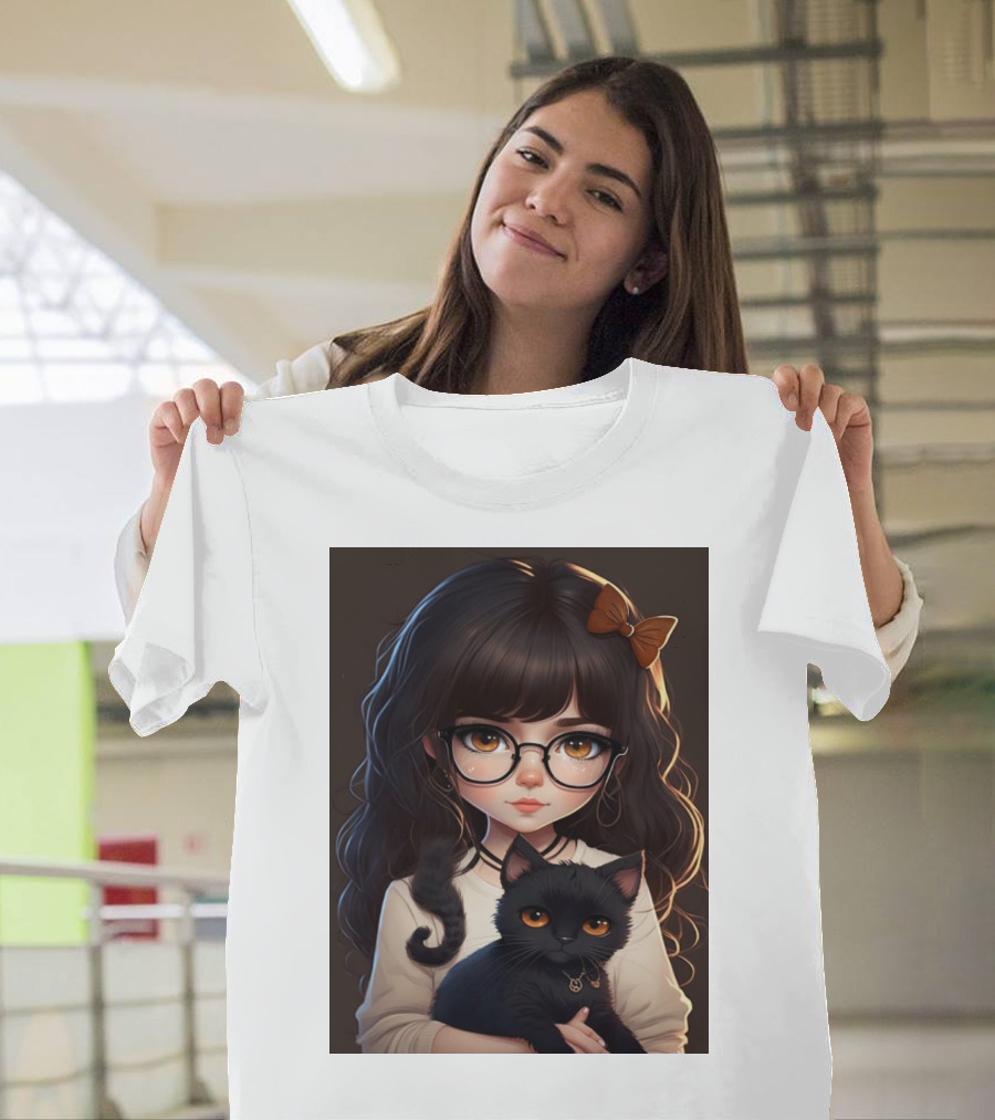 Girl with Her Black Cat Bow Glasses T-Shirt