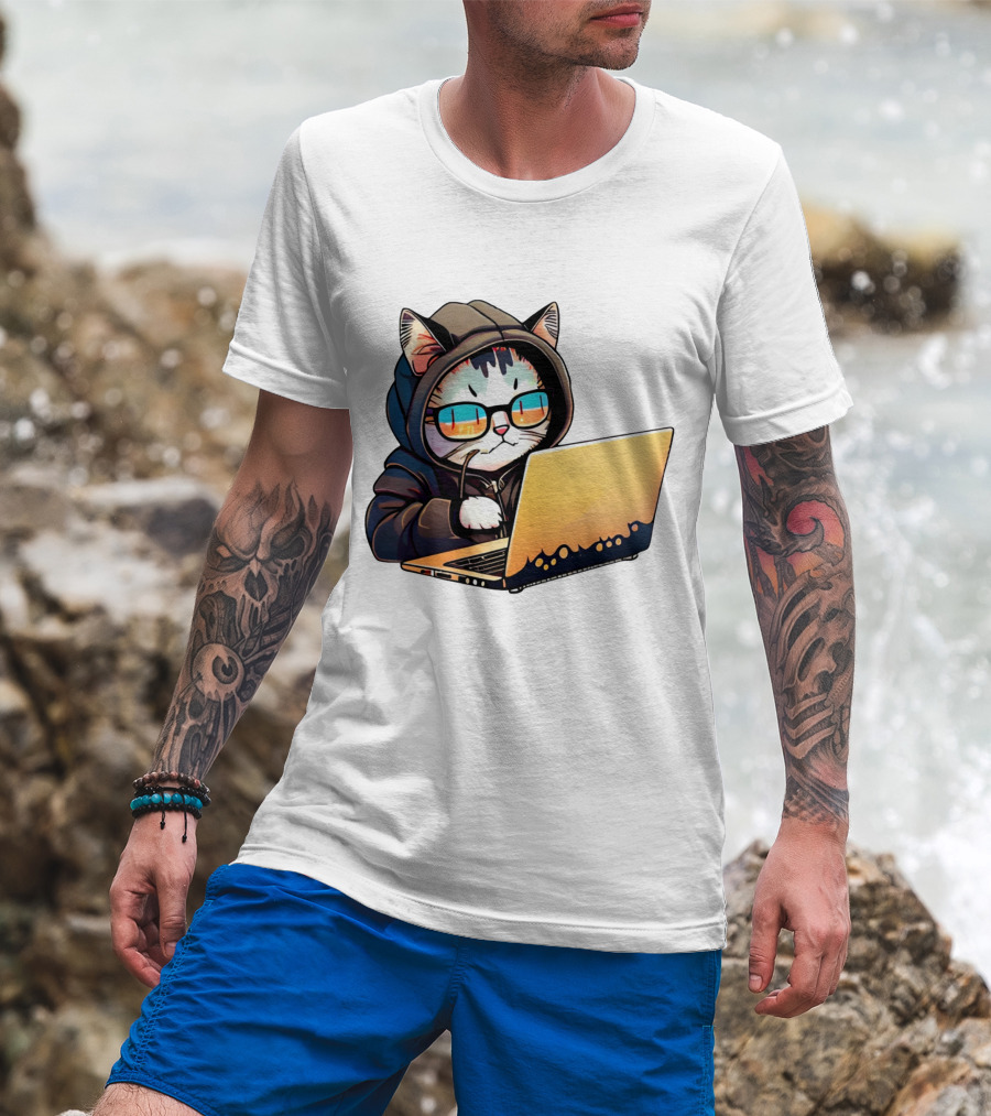 Hacker Cat In Hoodie With Laptop And Glasses T-Shirt