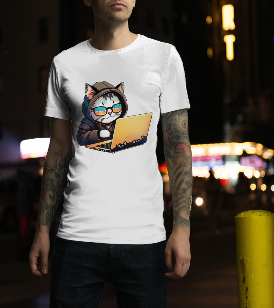 Hacker Cat In Hoodie With Laptop And Glasses T-Shirt