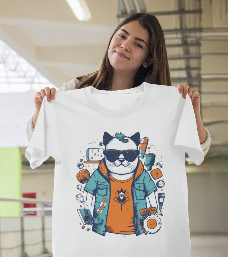 Hipster Cat in Sunglasses with Headphones and Jacket T-Shirt