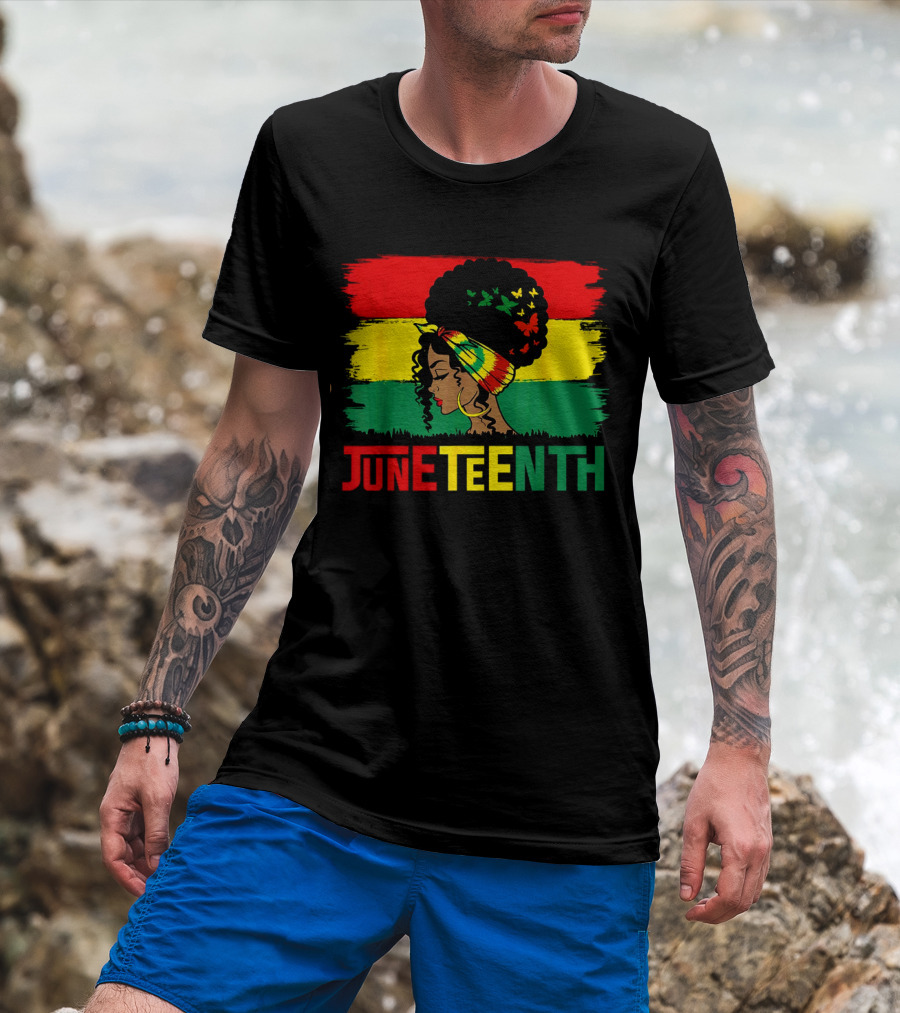 Juneteenth Remembering My Ancestors Celebrate Black Freedom Afro Woman Rasta Colors Flags T-Shirt
