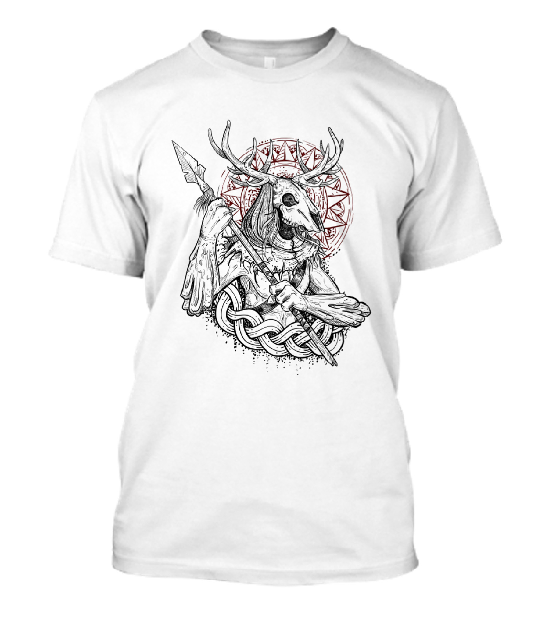 Leshy Forest Guardian Mythical Antlered Protector With Spear And Celtic Knot Motif T-Shirt