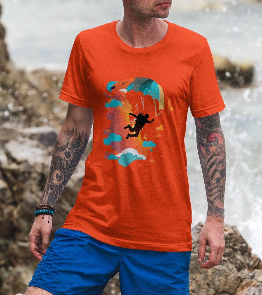Skydiver Silhouette With Colorful Parachute And Clouds T-Shirt
