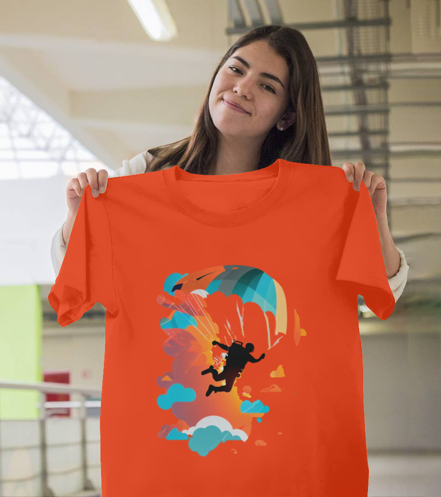 Skydiver Silhouette With Colorful Parachute And Clouds T-Shirt