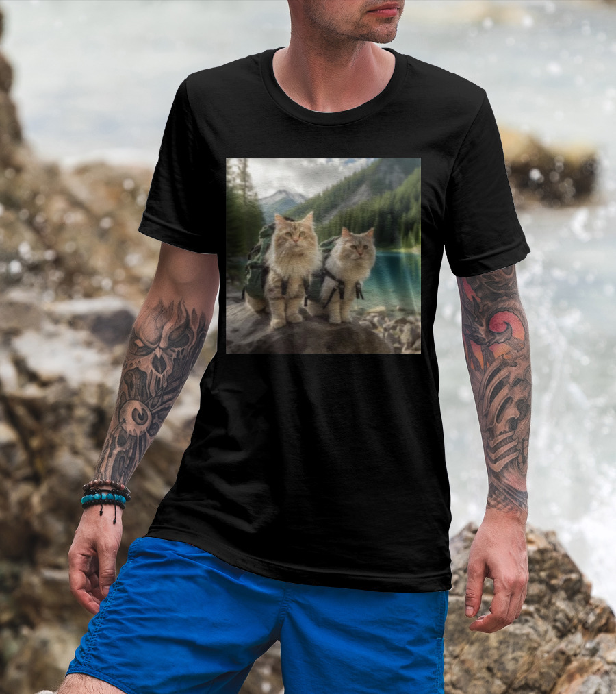 Two American Longhair Cats Are Mountaineering With Backpacks In Scenic Mountain Forest Near Lake T-Shirt