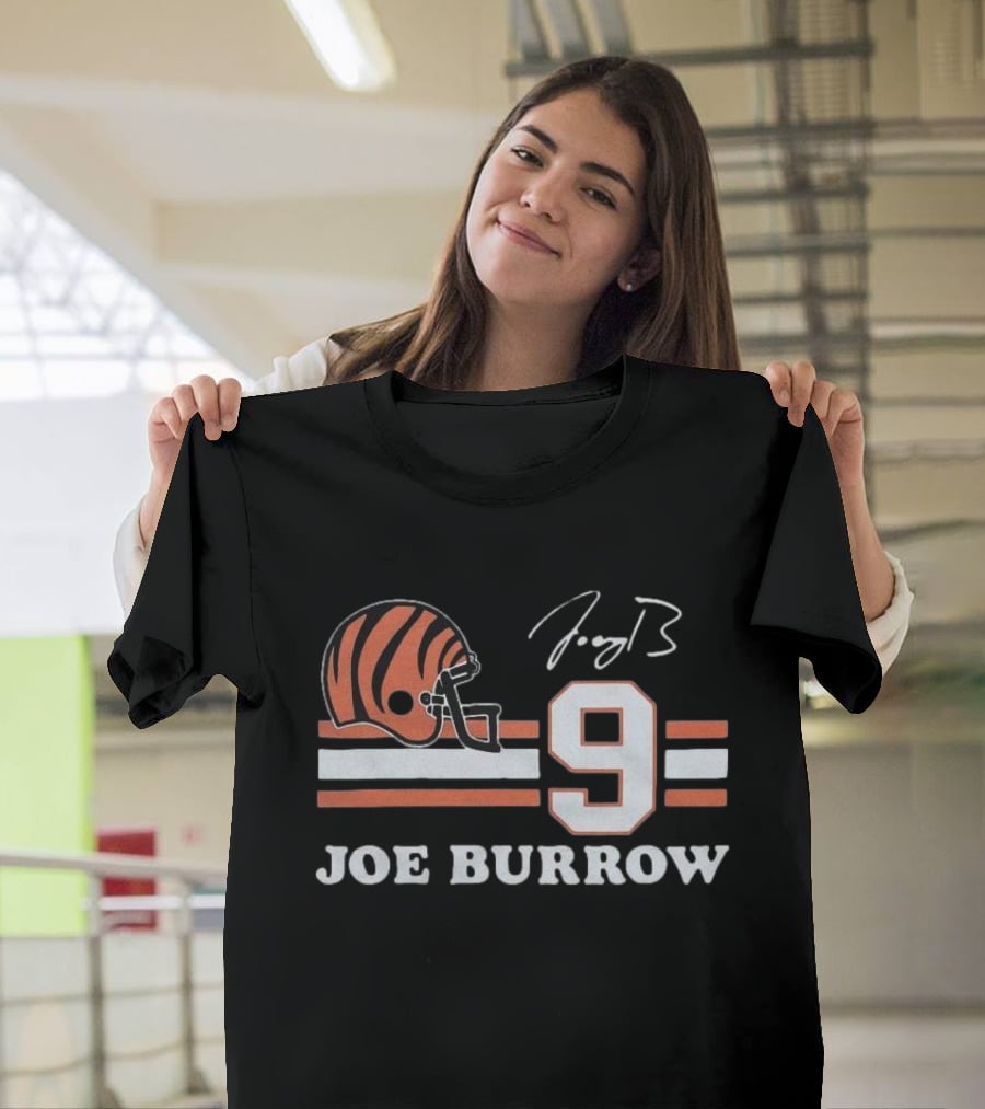 Cincinnati Bengals Joe Burrow Number 9 Helmet Signature T-Shirt