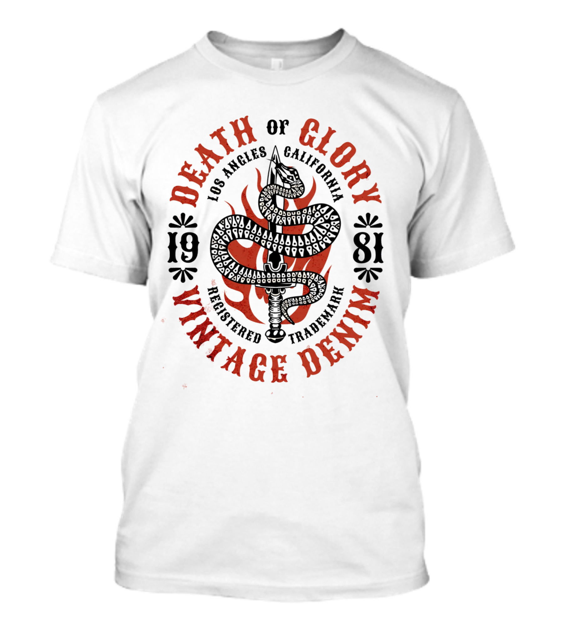 Death Of Glory Los Angeles California Vintage Denim 1981 Sword Snake Registered Trademark T-Shirt