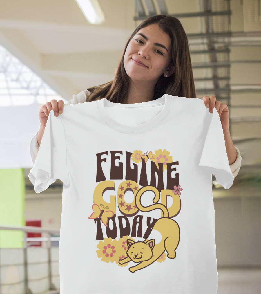 Feline Good Today Cat with Flowers and Butterflies T-Shirt