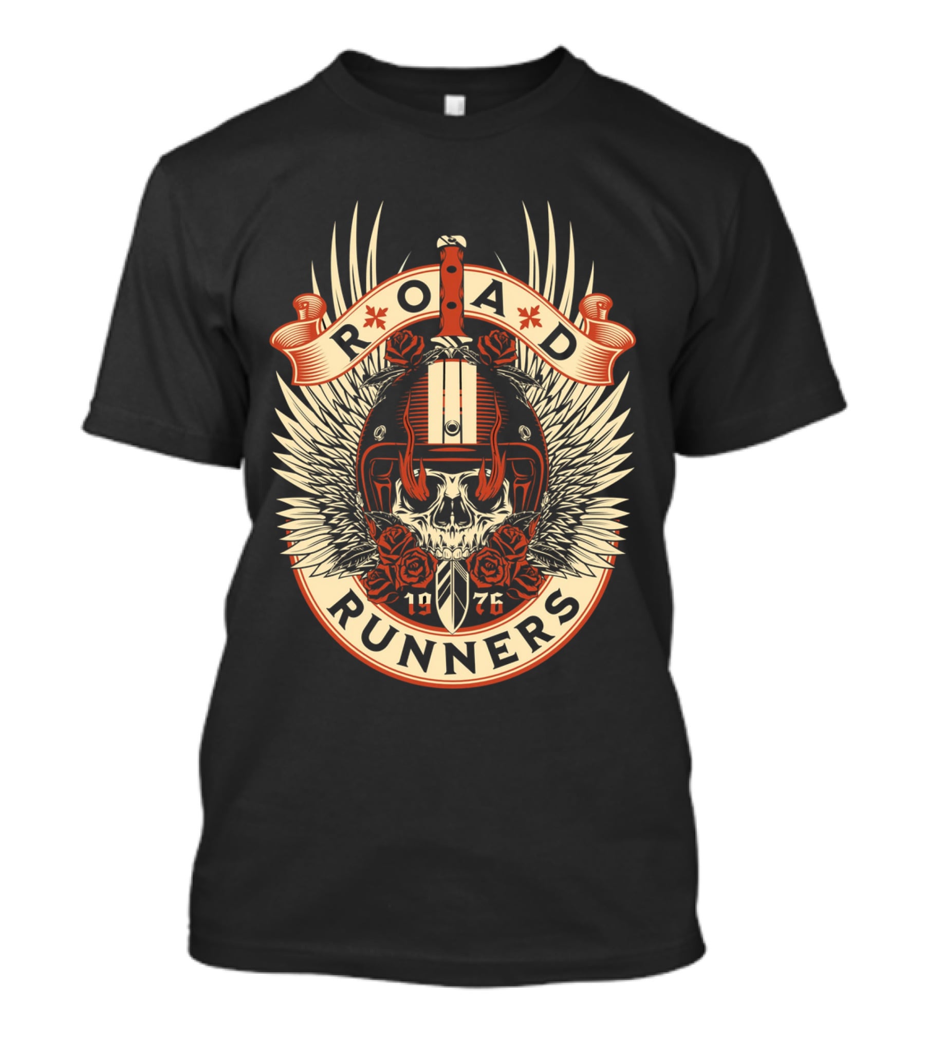 Road Runners Skull 1976 Motorcycle Badge With Wings And Roses T-Shirt